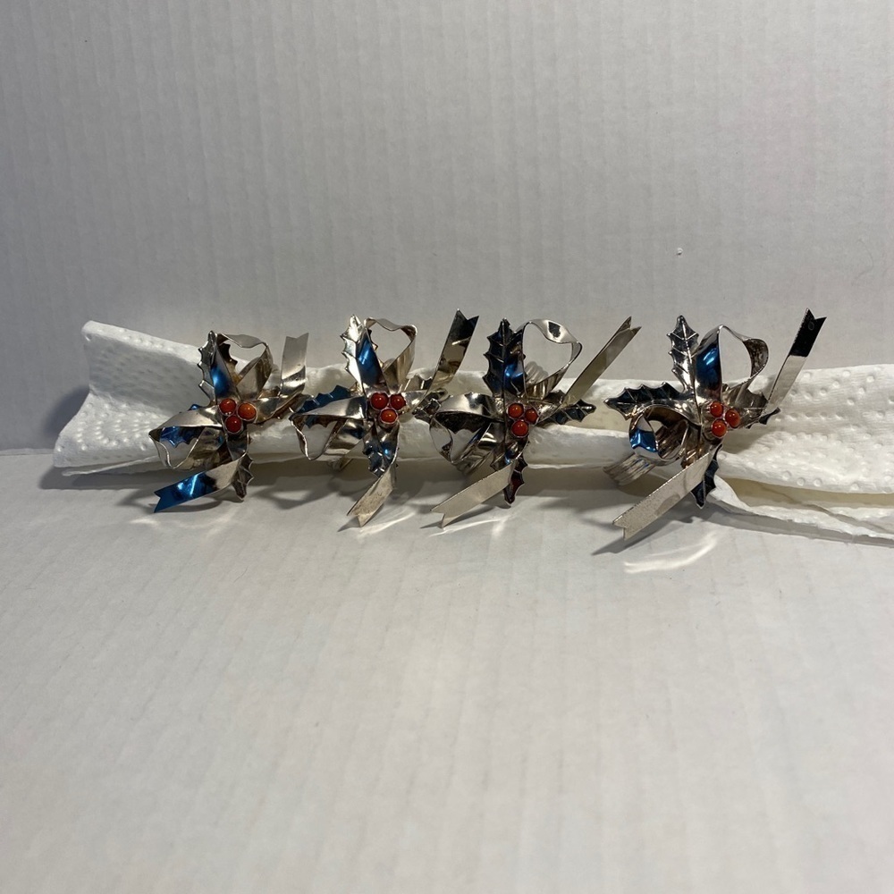 Silver napkin rings bow tie holly silver-plated brass Christmas - Picture 10 of 10